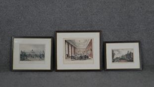 Three framed and glazed 19th century hand coloured engravings. One of London University, College