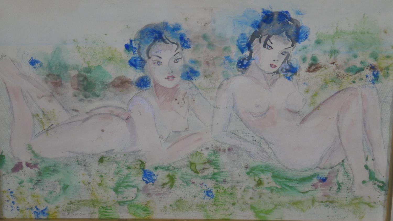 Maurice Basko (1921 - 2019) A framed and glazed watercolour and acrylic on paper, two naked