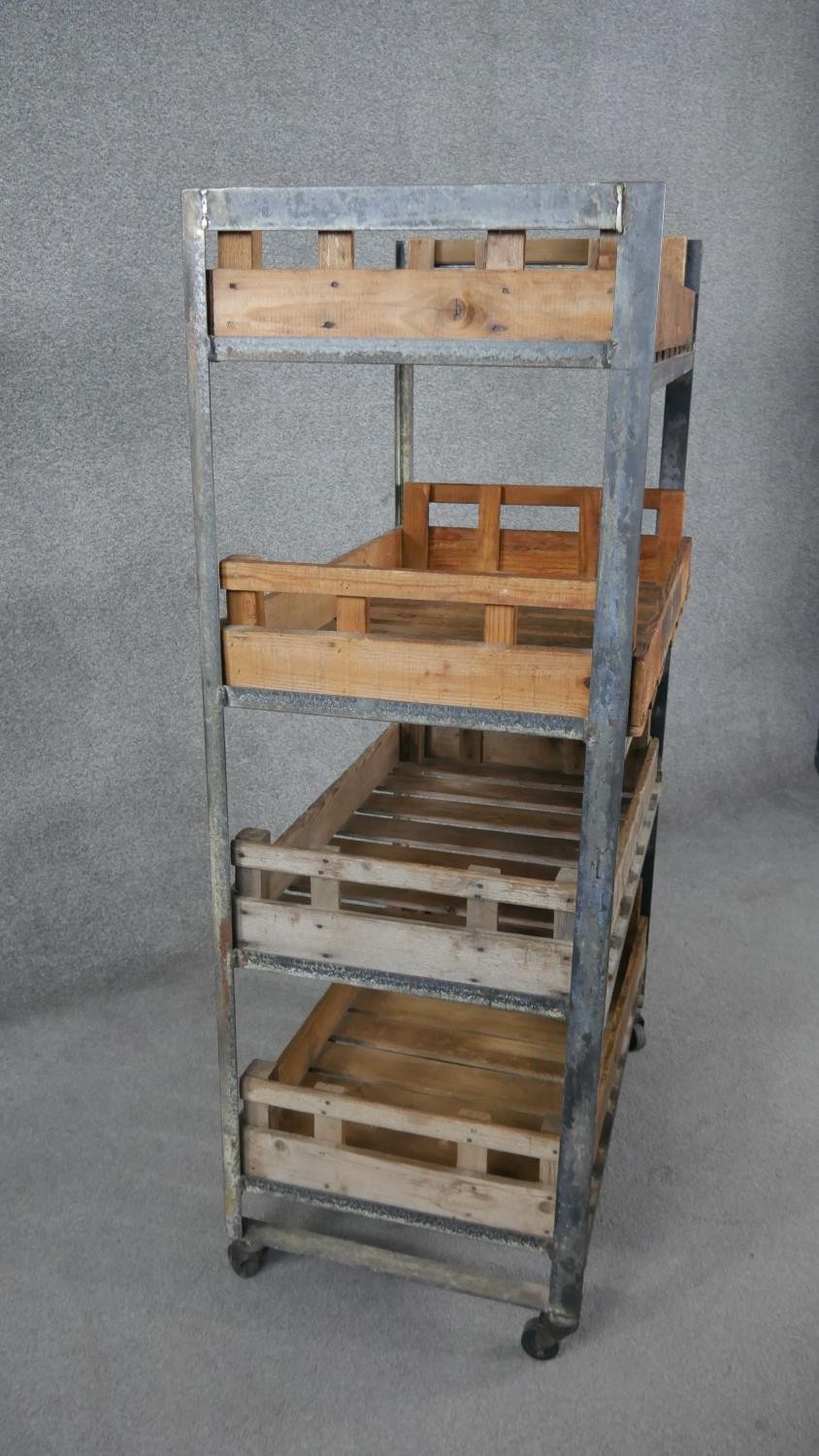 A vintage Covent Garden metal framed trolley with removable flower trays. H.136 W.79 D.47cm - Image 2 of 8