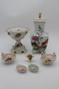 A collection of hand painted fine porcelain. Including Vista Alegre Chinese Chrysanthemum design