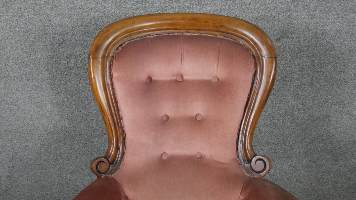 A 19th century walnut framed armchair in buttoned velour upholstery on cabriole supports. - Image 3 of 5