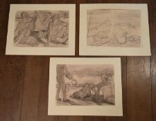 A set of three mounted charcoal drawings, people on a beach, unsigned. H.41 W.51cm (3)