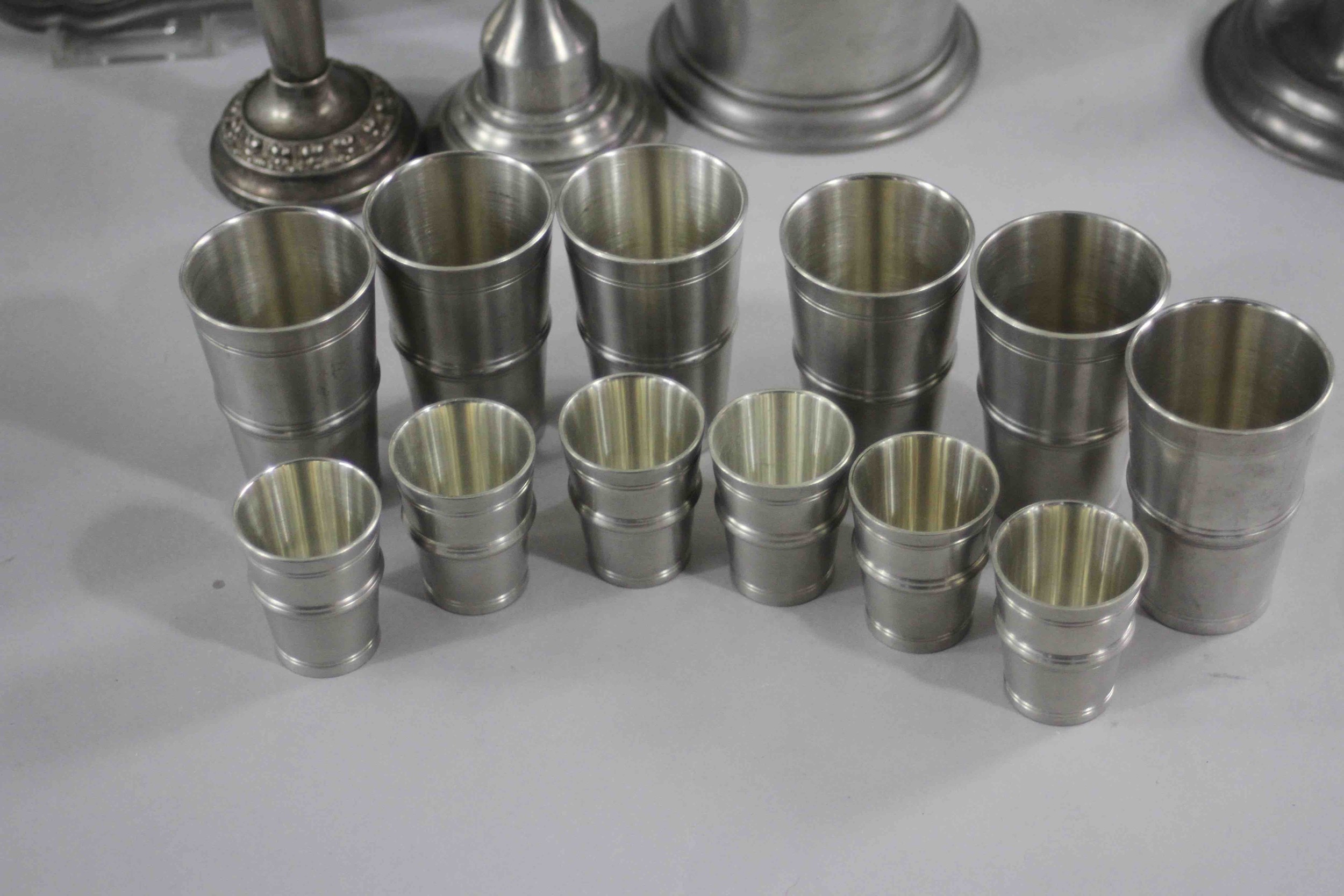 A large collection of pewter. Including a set of twelve Finish shot glasses, two different sizes - Image 2 of 8