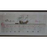 A framed and glazed watercolour and calligraphy illustration of the Mary Rose, a copy of