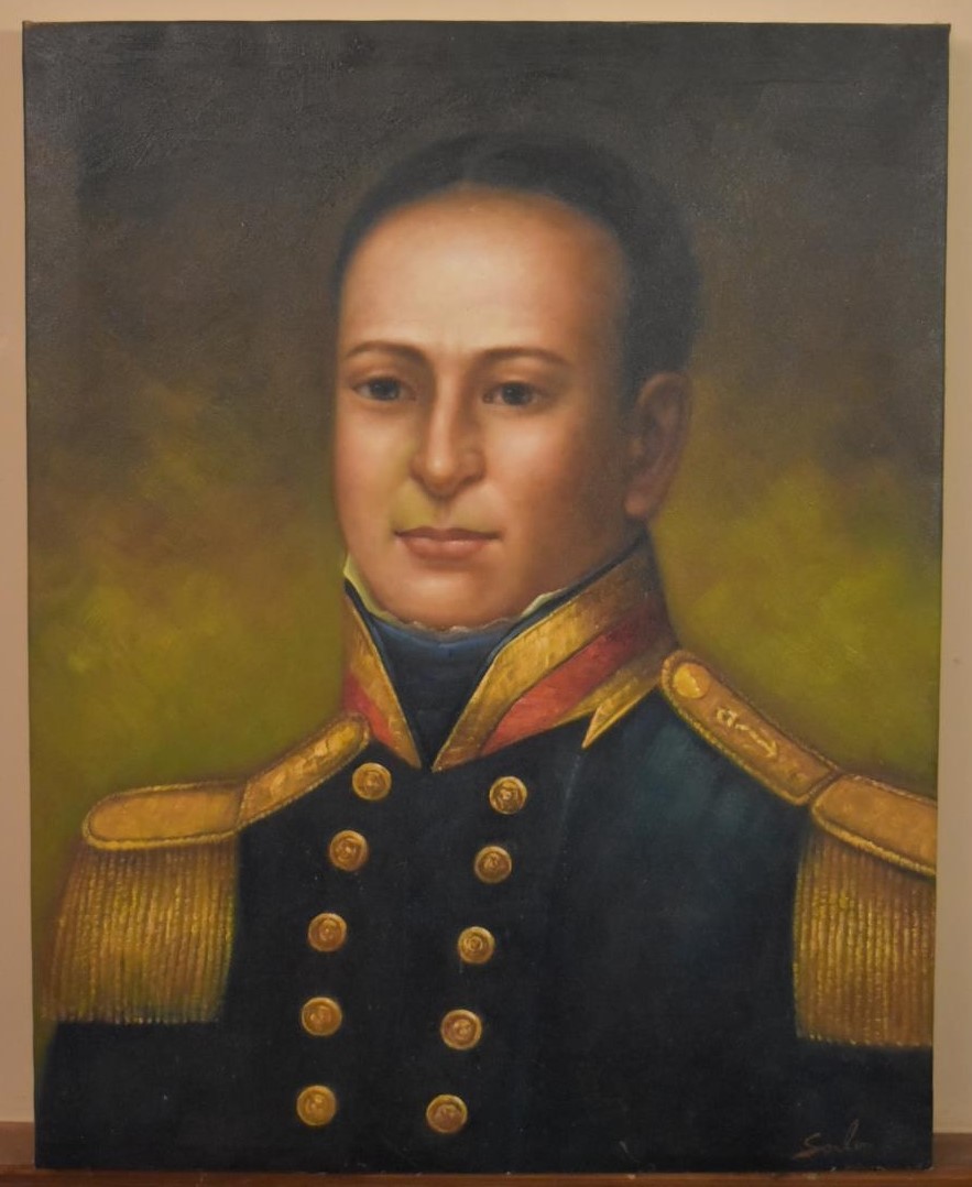 Oil on canvas, head and shoulders portrait of a 19th century naval officer, indistinctly signed. H.