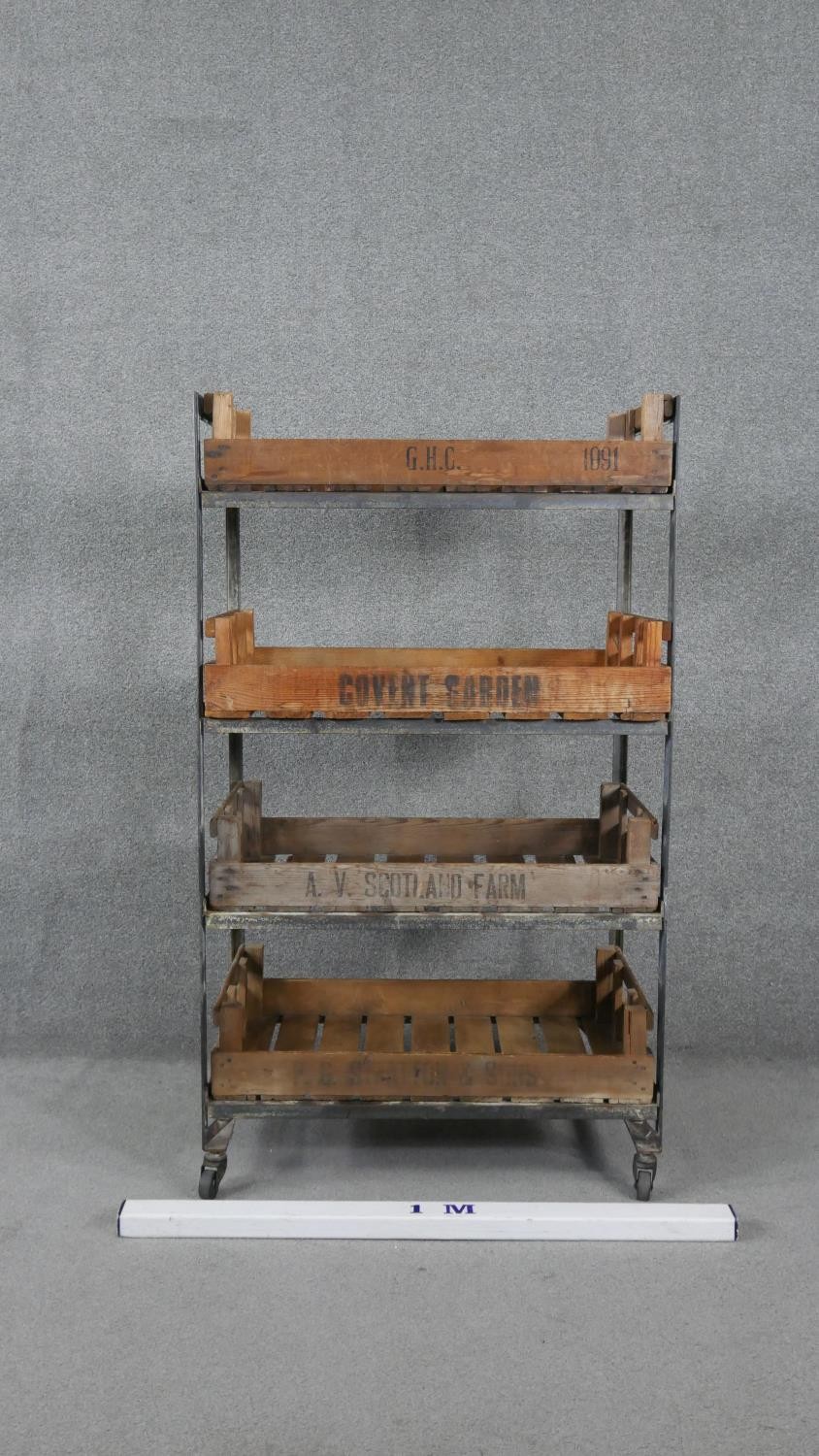 A vintage Covent Garden metal framed trolley with removable flower trays. H.136 W.79 D.47cm - Image 8 of 8