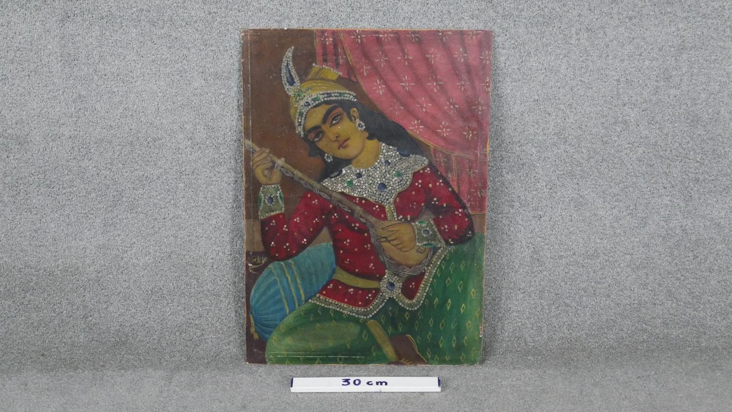 A 20th century oil on board of a seated Indian female in traditional dress playing a sitar. H.69 W. - Image 4 of 4