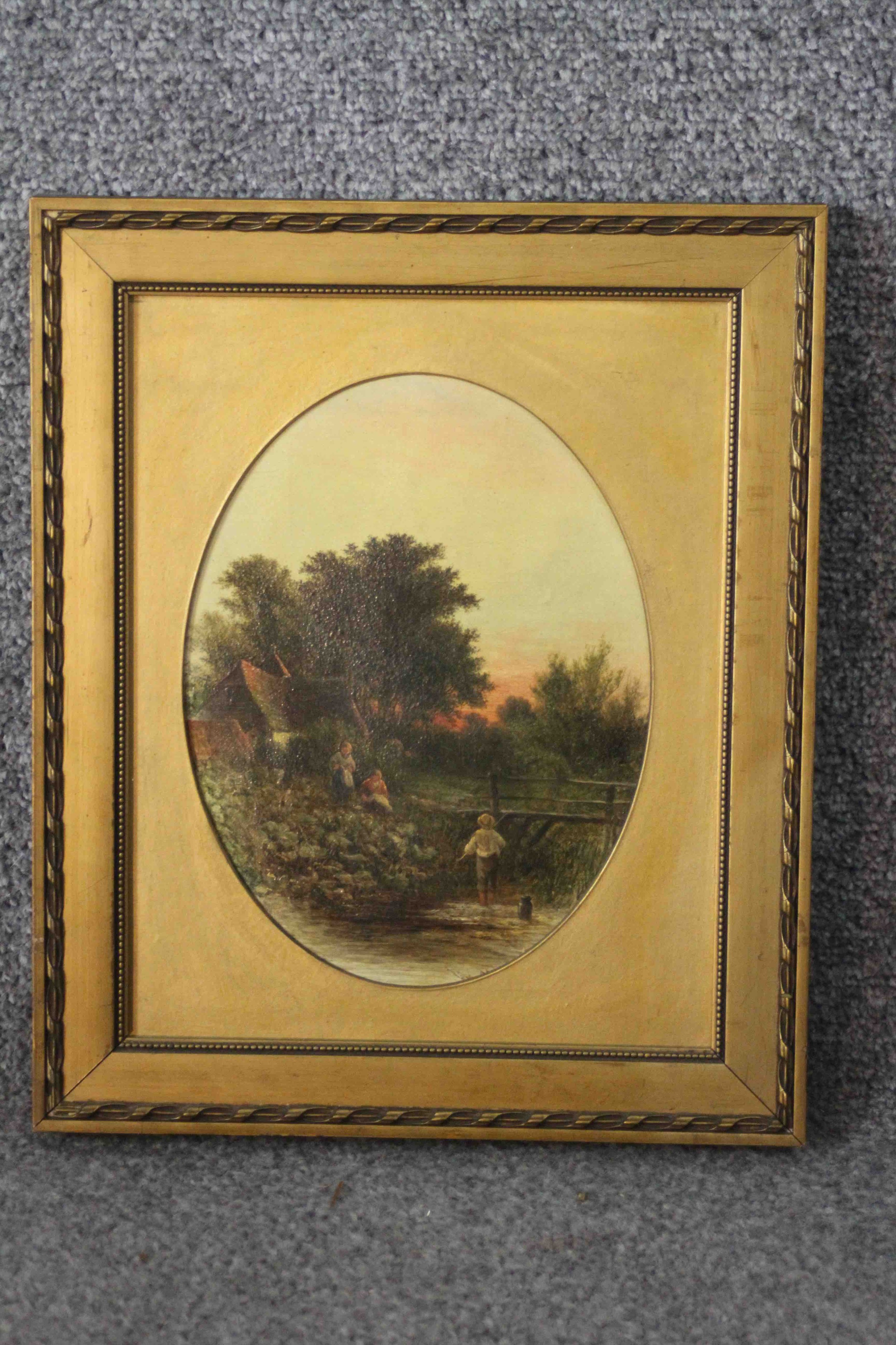 A gilt framed 19th century oil on canvas of a thatched cottage with children fishing in a river. - Image 2 of 6