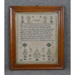 A framed and glazed Victorian hand embroidered sampler by Amelia Eliza Cox at the age of ten.