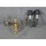 A three branch brass chandelier along with a dark green metal two branch wall light. H.40 W.45cm (