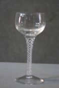 A Stuart crystal Ariel cut hock wine glass with air twist stem. H.18 Diam. 8.cm