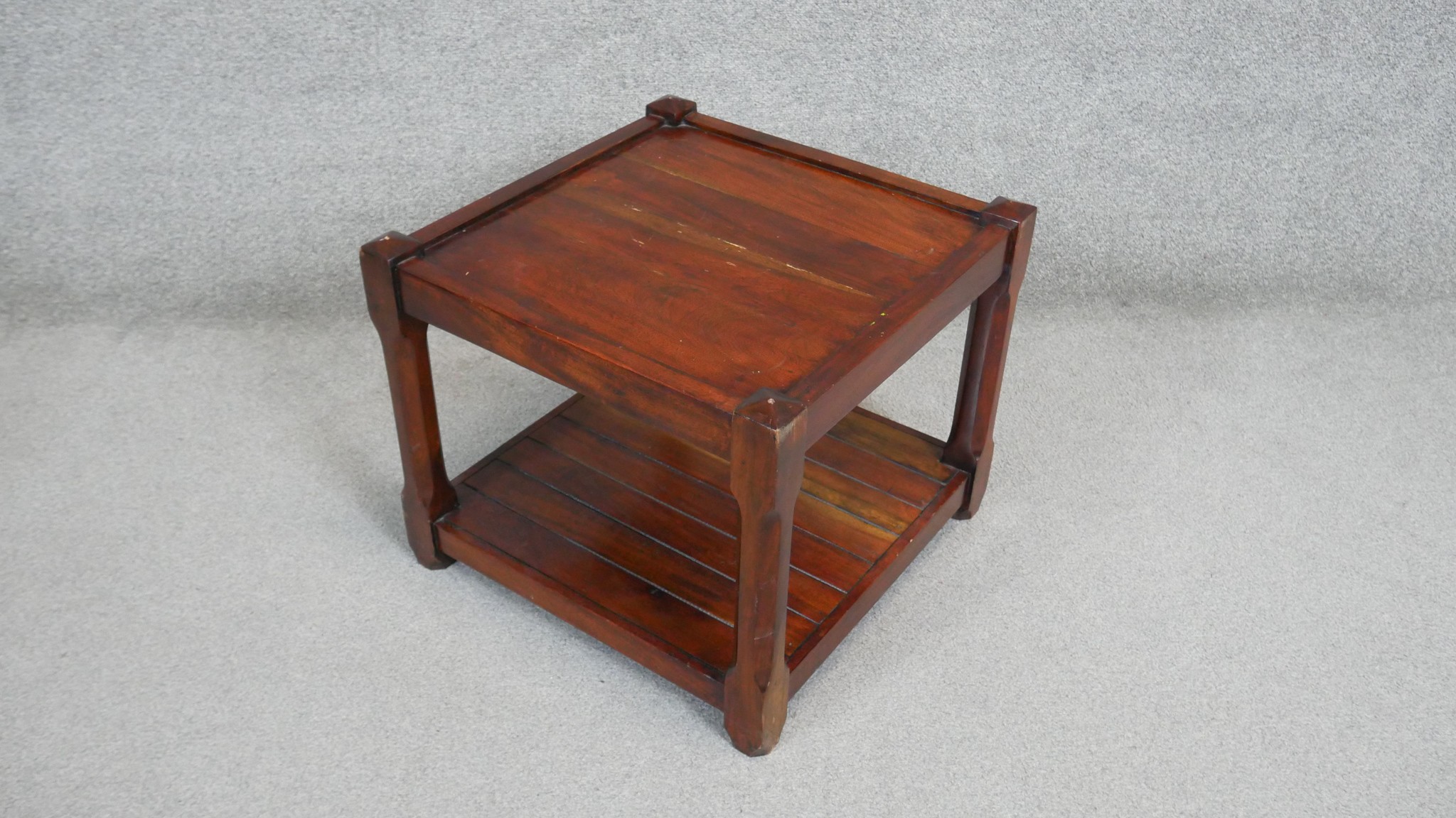 A pair of stained hard wood occasional tables on square chamfered supports united by undertier. H.40 - Image 3 of 4