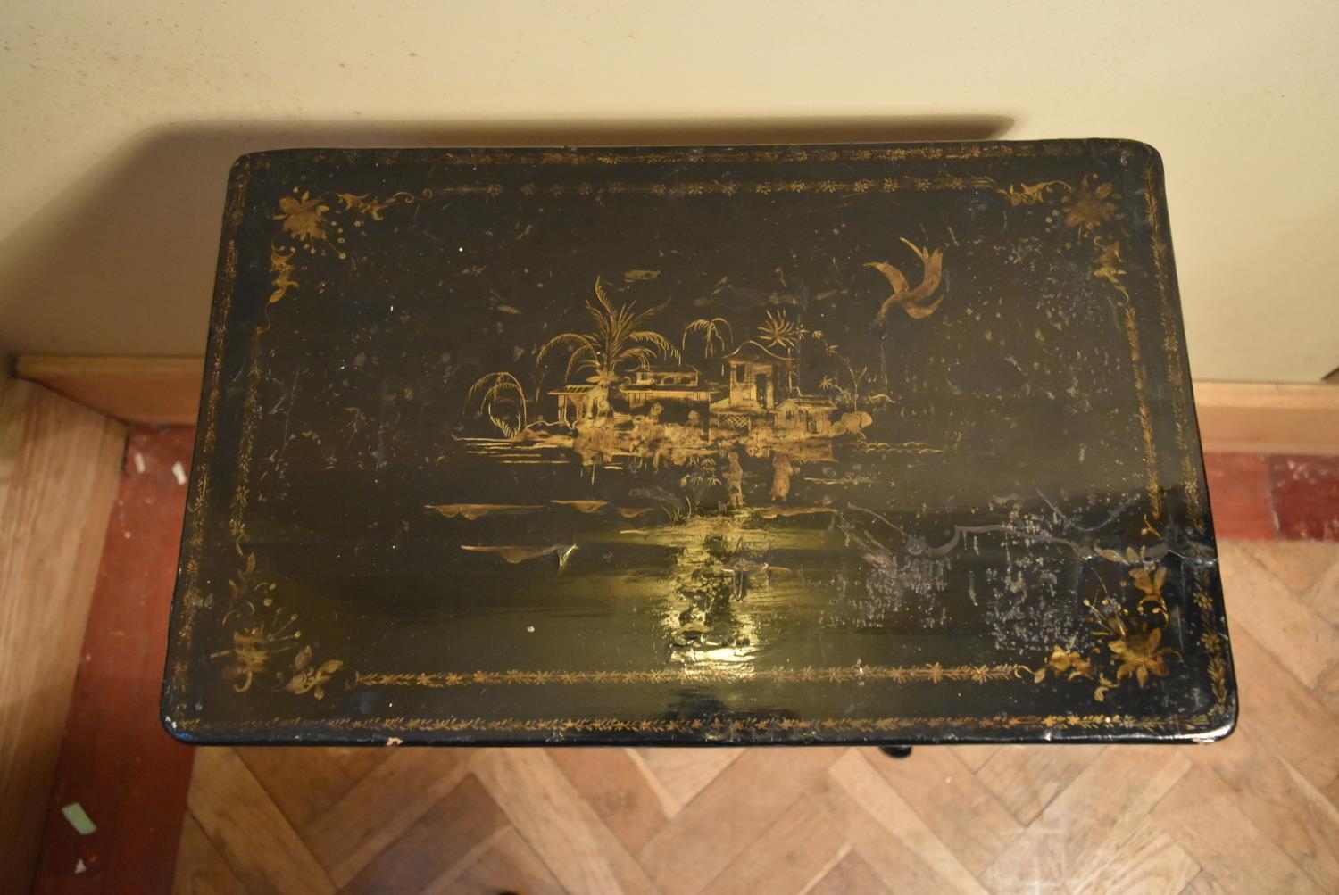A nest of two hand decorated and black lacquered occasional table in the Chinoiseries style. H. - Image 6 of 7