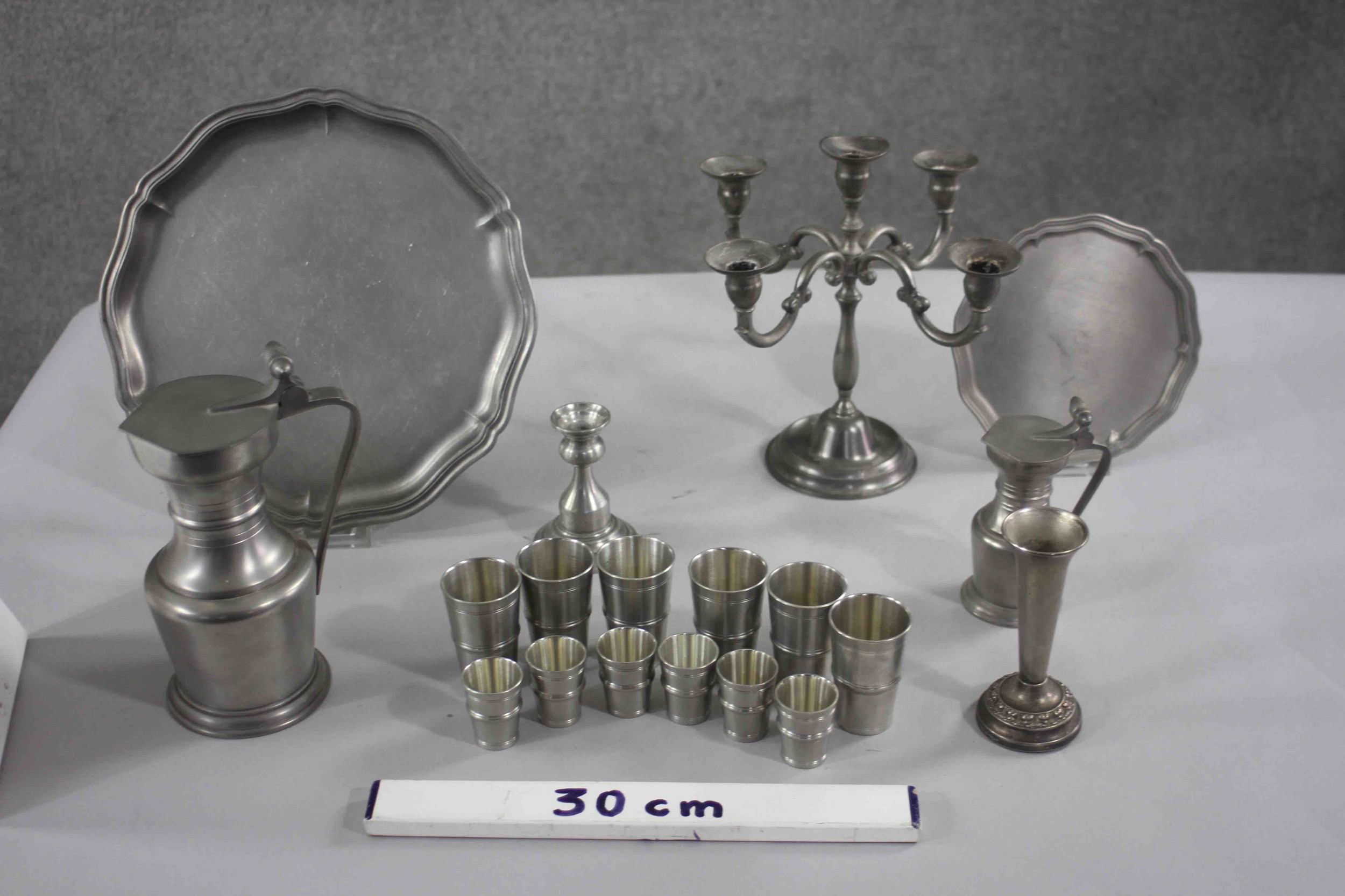 A large collection of pewter. Including a set of twelve Finish shot glasses, two different sizes - Image 8 of 8