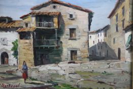 Victoriano Berbegal (1925- ) A framed oil on board, Spanish village scene. Signed by artist. H.30