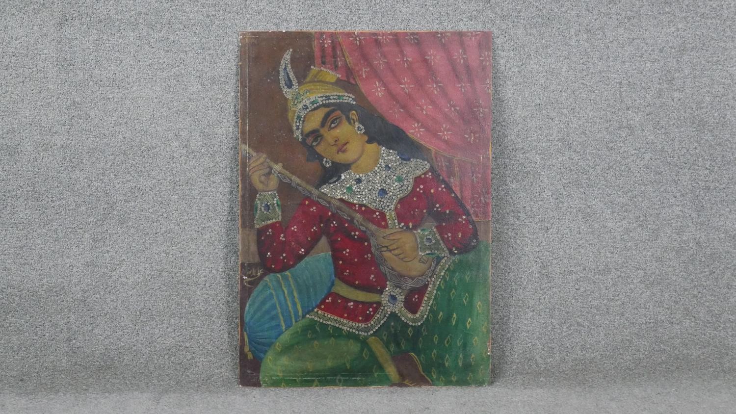 A 20th century oil on board of a seated Indian female in traditional dress playing a sitar. H.69 W. - Image 2 of 4