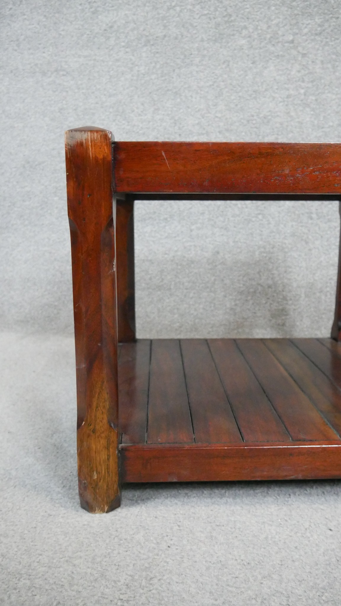 A pair of stained hard wood occasional tables on square chamfered supports united by undertier. H.40 - Image 4 of 4