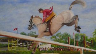 An oil on board of show jumper, inscribed Hickstead, Sussex. Signed J. Siroky. H.36 W.45cm