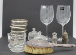 A collection of glass and silver. Including a pair of Darlington wine glasses, six silver plated