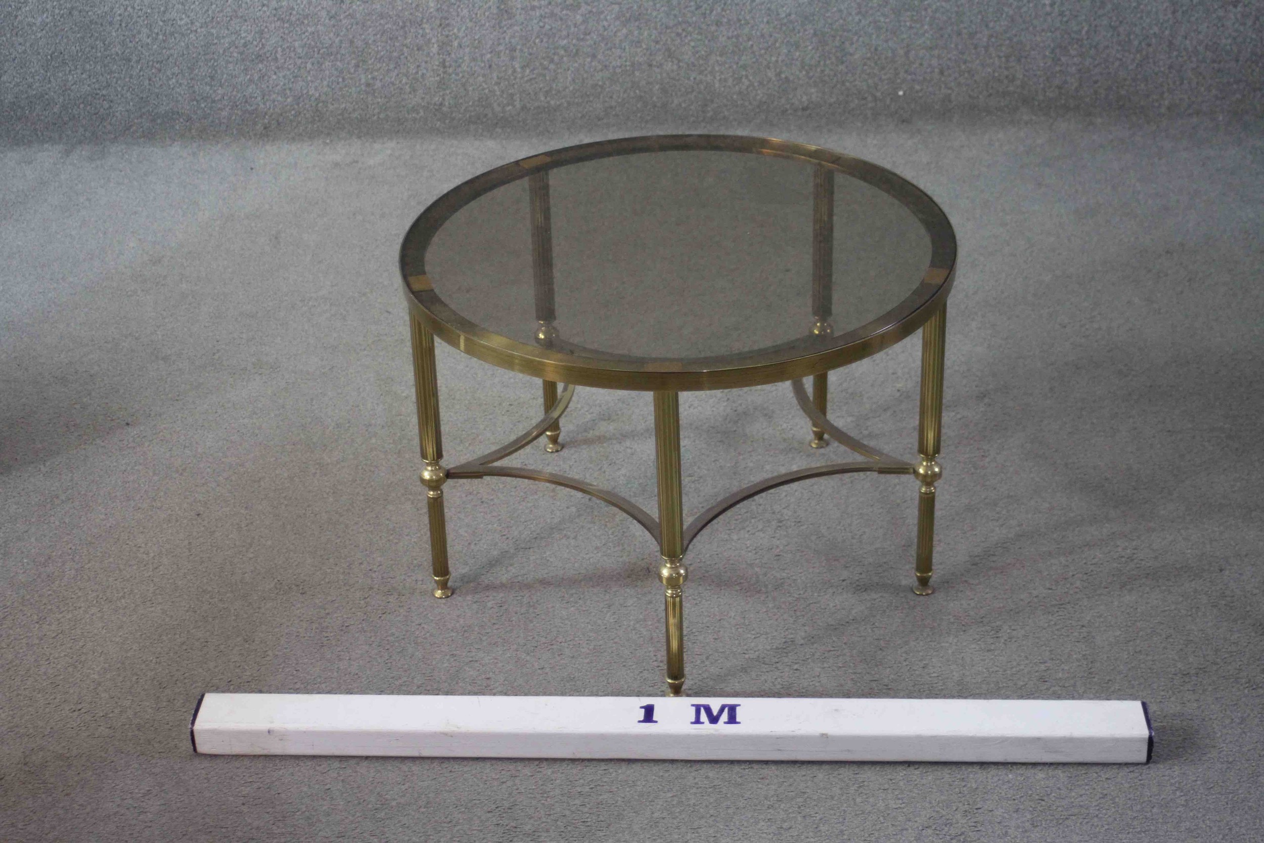 A mid century vintage smoked glass and brass lamp table on shaped stretchered supports. H.40 Diam. - Image 4 of 4