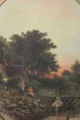 A gilt framed 19th century oil on canvas of a thatched cottage with children fishing in a river.