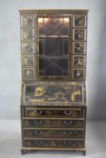 A Georgian style hand gilded Chinoiserie lacquered bureau bookcase with upper astragal glazed