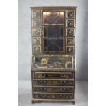 A Georgian style hand gilded Chinoiserie lacquered bureau bookcase with upper astragal glazed