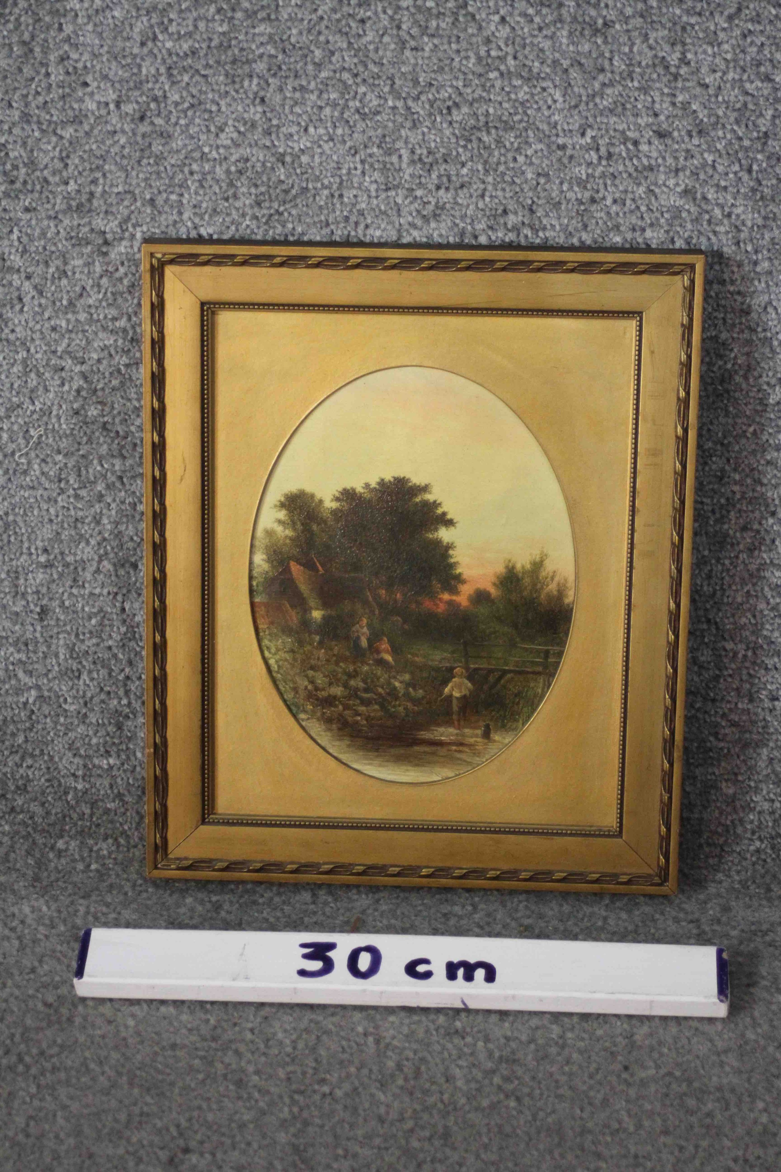 A gilt framed 19th century oil on canvas of a thatched cottage with children fishing in a river. - Image 6 of 6