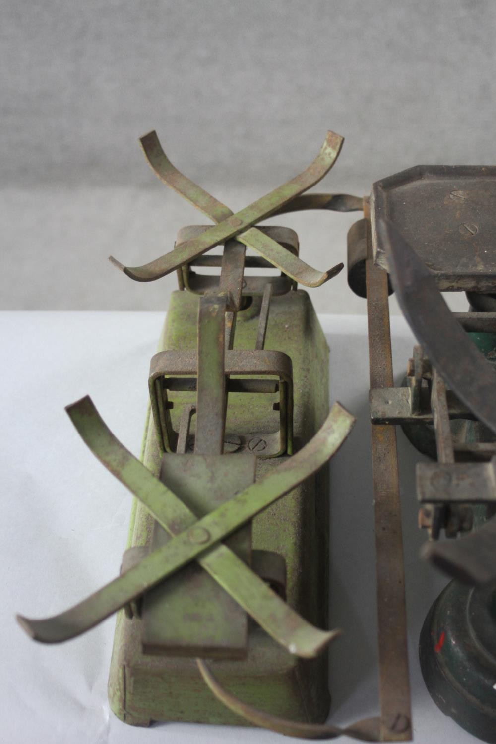 A collection of five sets of vintage painted cast iron shop scales. H.29 W.55 D.27cm. - Image 5 of 6