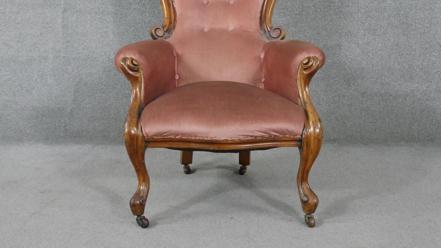 A 19th century walnut framed armchair in buttoned velour upholstery on cabriole supports. - Image 4 of 5