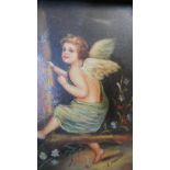 A 19th century carved gilt framed oil on board of a winged putti sitting in a wood with flowers.