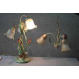 A toleware painted floral design table lamp along with a similar three branch chandelier. The