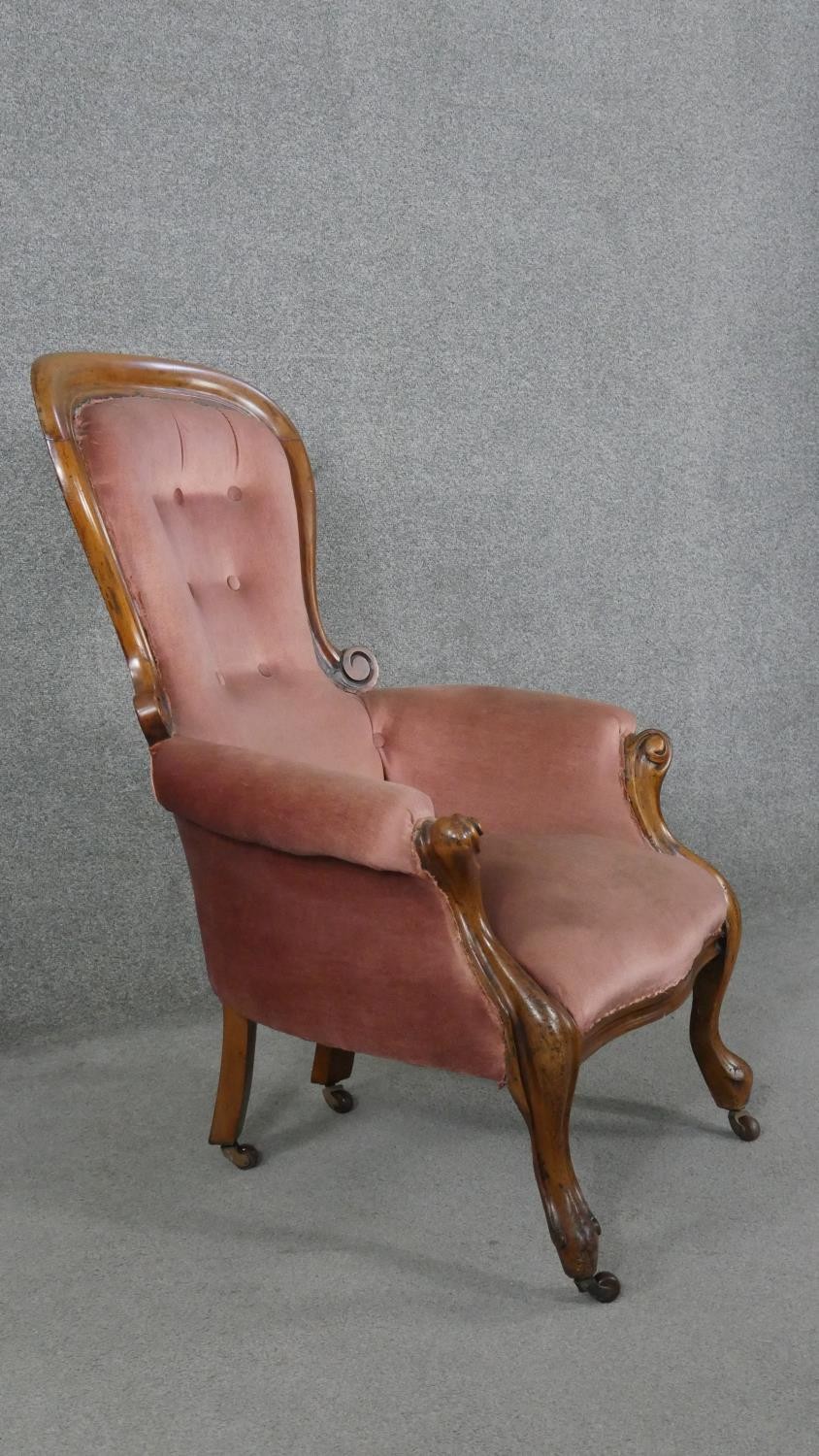 A 19th century walnut framed armchair in buttoned velour upholstery on cabriole supports. - Image 2 of 5