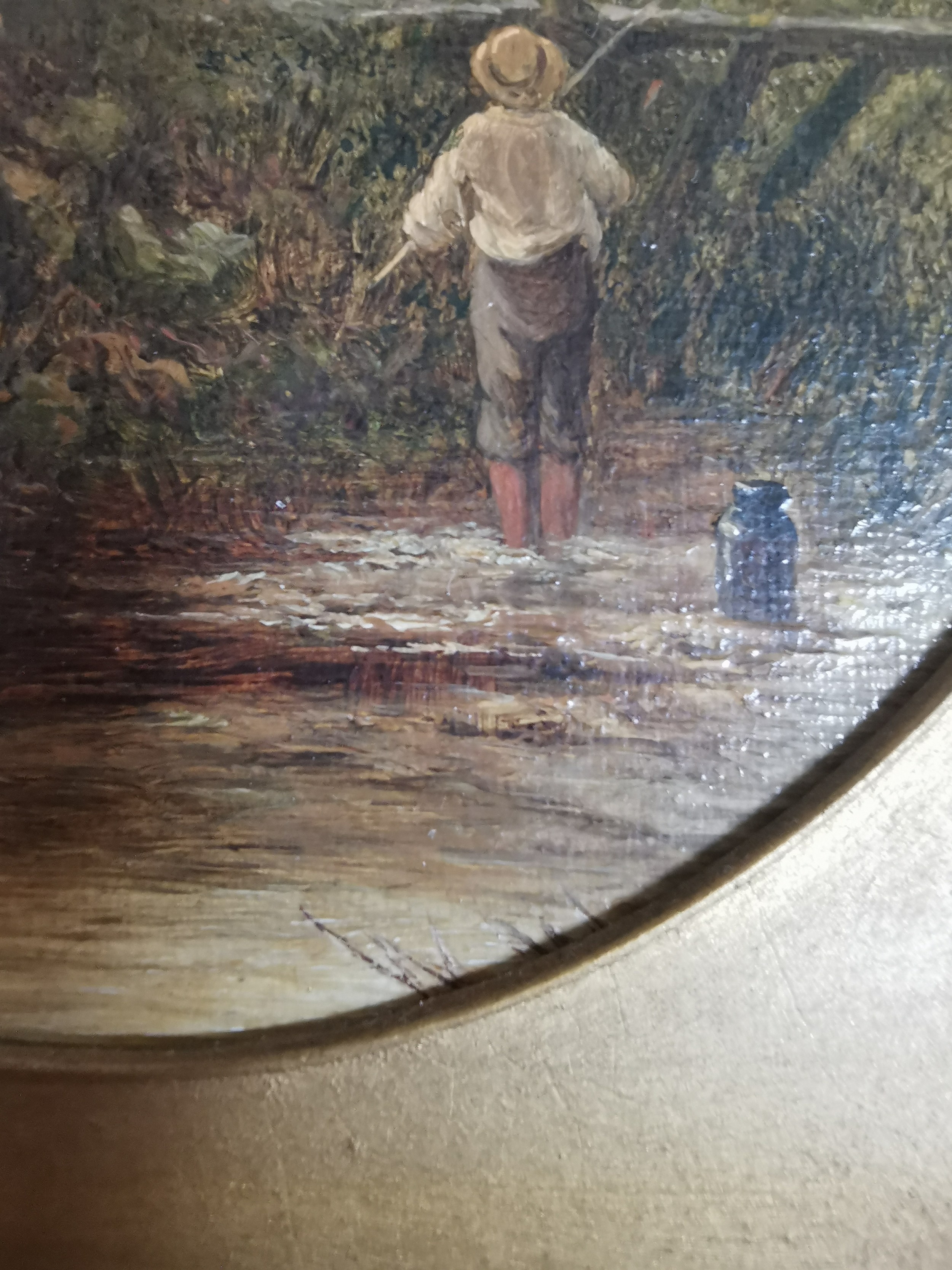 A gilt framed 19th century oil on canvas of a thatched cottage with children fishing in a river. - Image 5 of 6