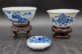 A collection of Qing dynasty Chinese blue and white porcelain. Including a round seal dish