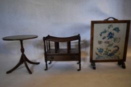 A vintage oak framed tapestry fire screen, A Georgian style occasional table and a mahogany