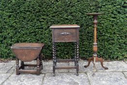 A mid century antique style sewing box on barleytwist supports, a similar small drop flap table