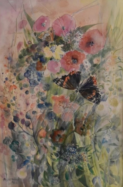 A framed and glazed print, 'Butterflies and Flowers' signed and dated 'Phyllis Holder, 1982'. H.76