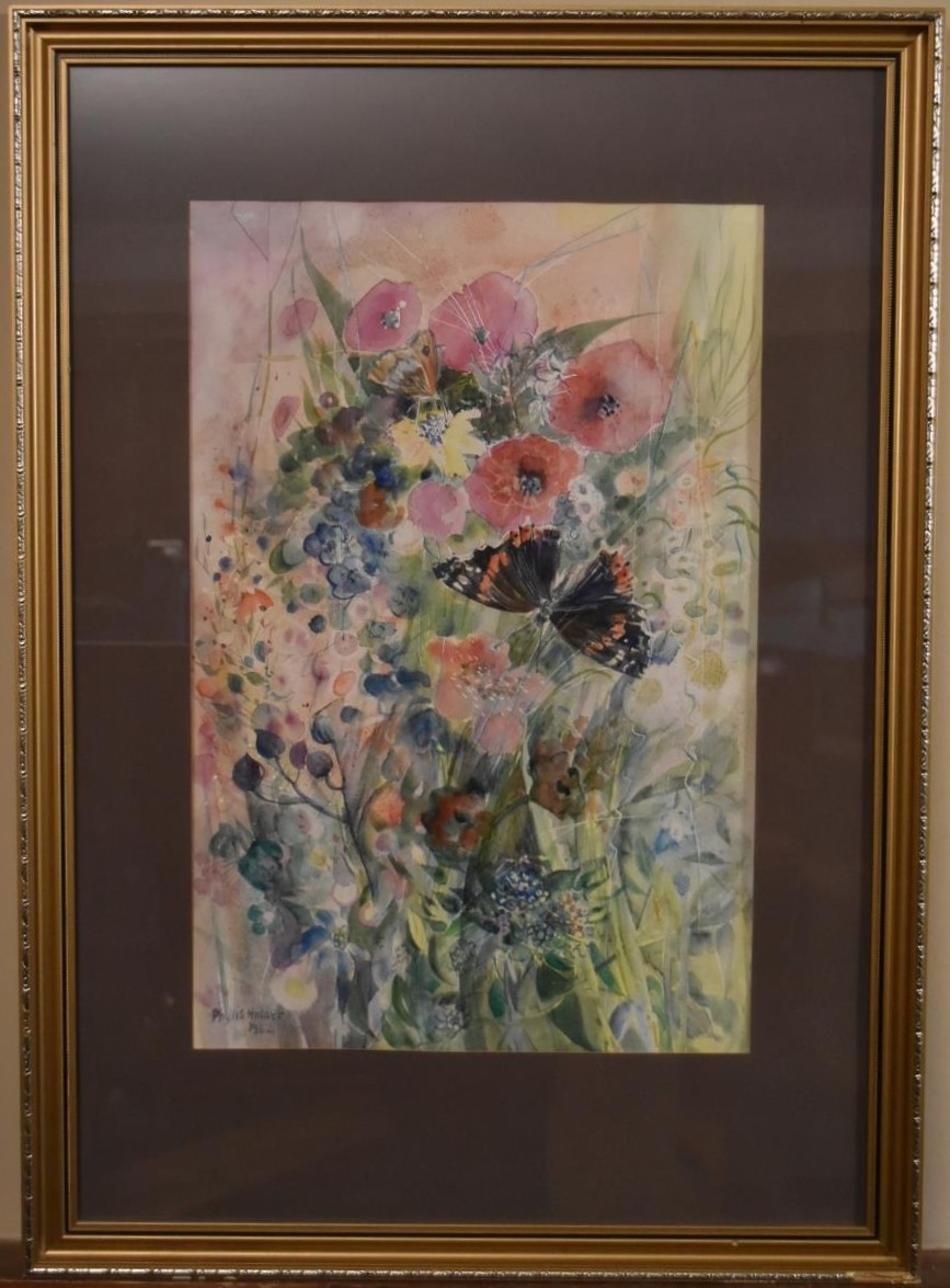 A framed and glazed print, 'Butterflies and Flowers' signed and dated 'Phyllis Holder, 1982'. H.76 - Image 2 of 6