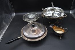 A collection of 20th century silver plated items. To include a lidded pan, a serving dish with