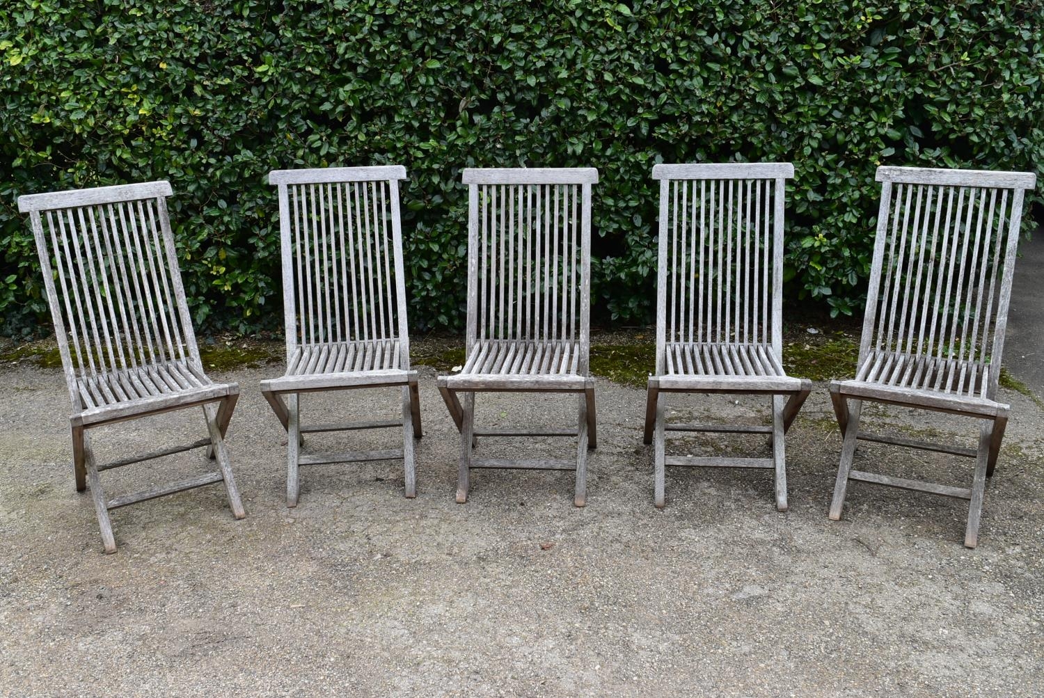 A set of five weathered teak folding and slatted garden chairs. H.99 W.46 D.43cm - Image 2 of 7