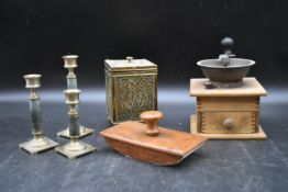 A collection of vintage collectable items. To include a coffee grinder, a blotter, three