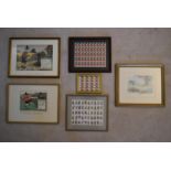 A collection of six prints including three framed and glazed American stamp collections, two cartoon