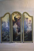 A mid century three panel screen with painted water baby decoration in a Pre Raphaelite setting