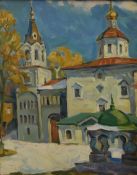 Waleri Yemtzew - A 20th century framed acrylic on canvas, Eastern European town scene, signed to
