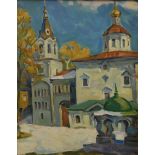 Waleri Yemtzew - A 20th century framed acrylic on canvas, Eastern European town scene, signed to