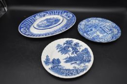 A collection of three blue and white Wedgwood plates, decorated in foliate designs, stamped to