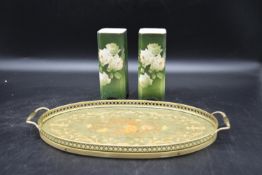 A pair of Japanese Drushki ware vases with floral decoration, along with Sorrento ware oval tray