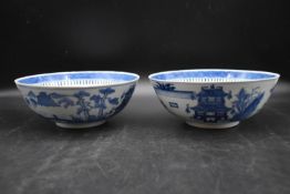 A pair of Qing dynasty Chinese blue and white porcelain footed bowls. Decorated with temple scenes.