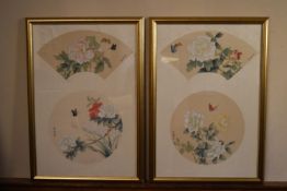 A pair of framed and glazed Chinese inks on silk, fan designs, butterflies and flowers with artist